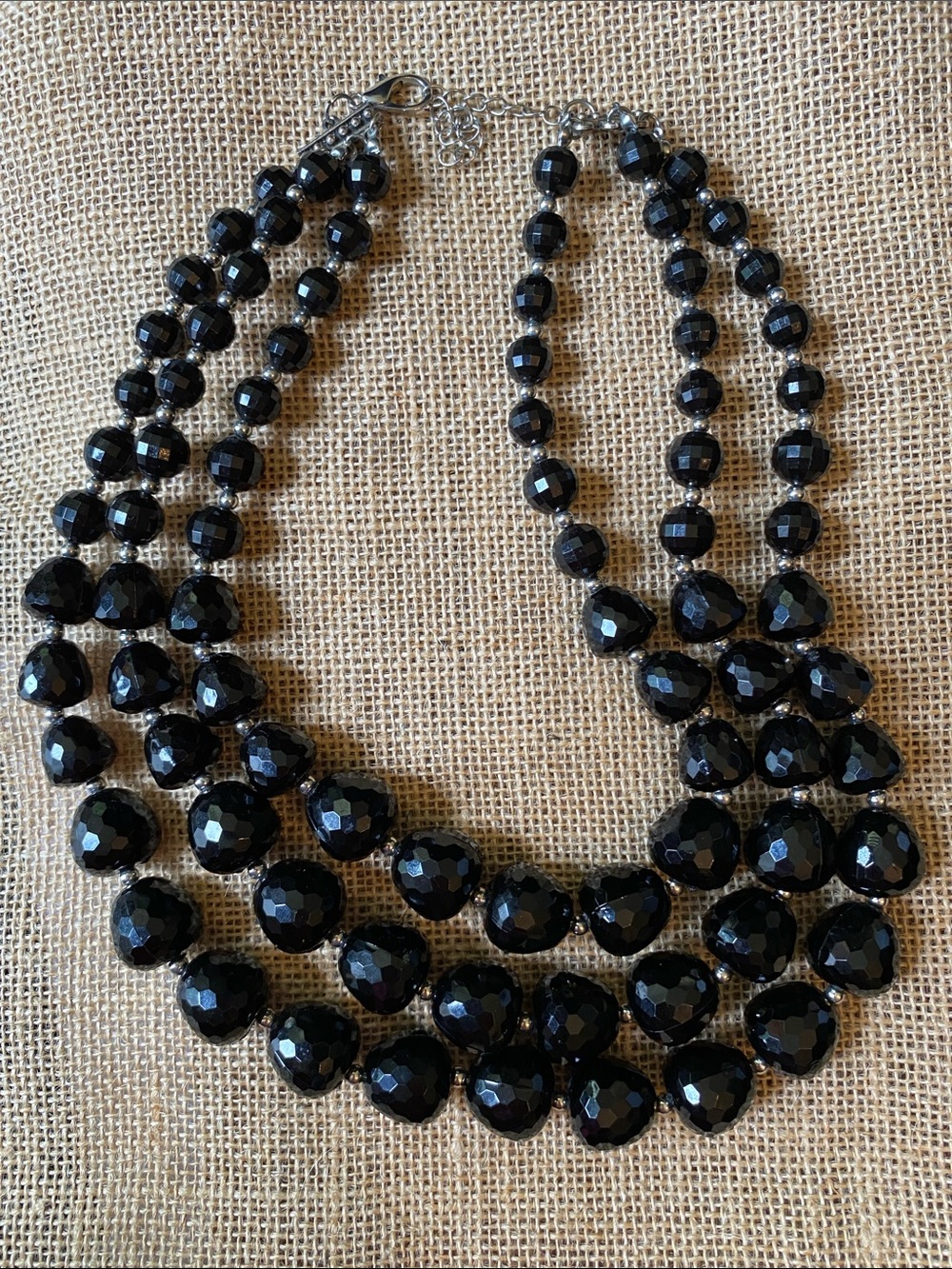 Mid Century Modern Triple -Strand Black Faceted Lucite Beaded Necklace